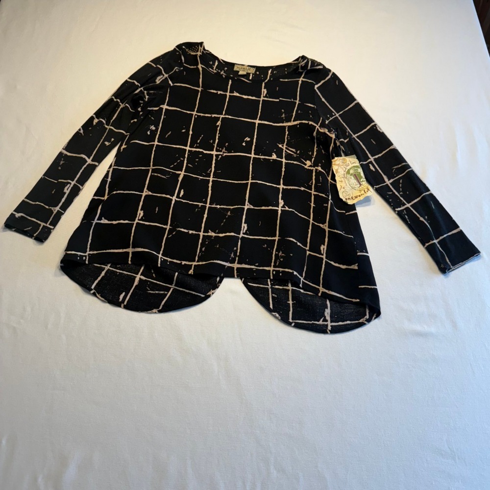 OneWorld Black Grid Print Hi-Low Long‎ Sleeve Top | PM | NWT - Picture 2 of 14